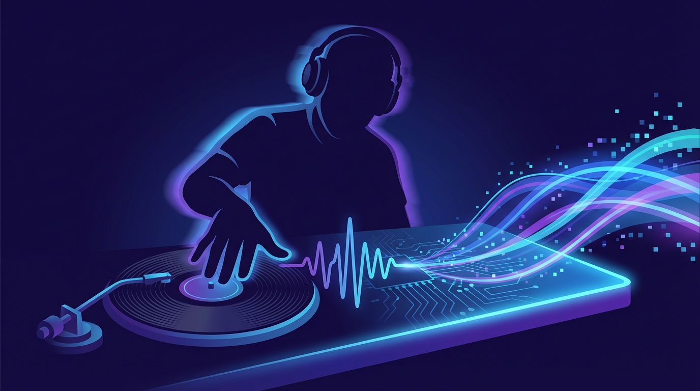 DJ mixing vinyl with AI-generated sound waves