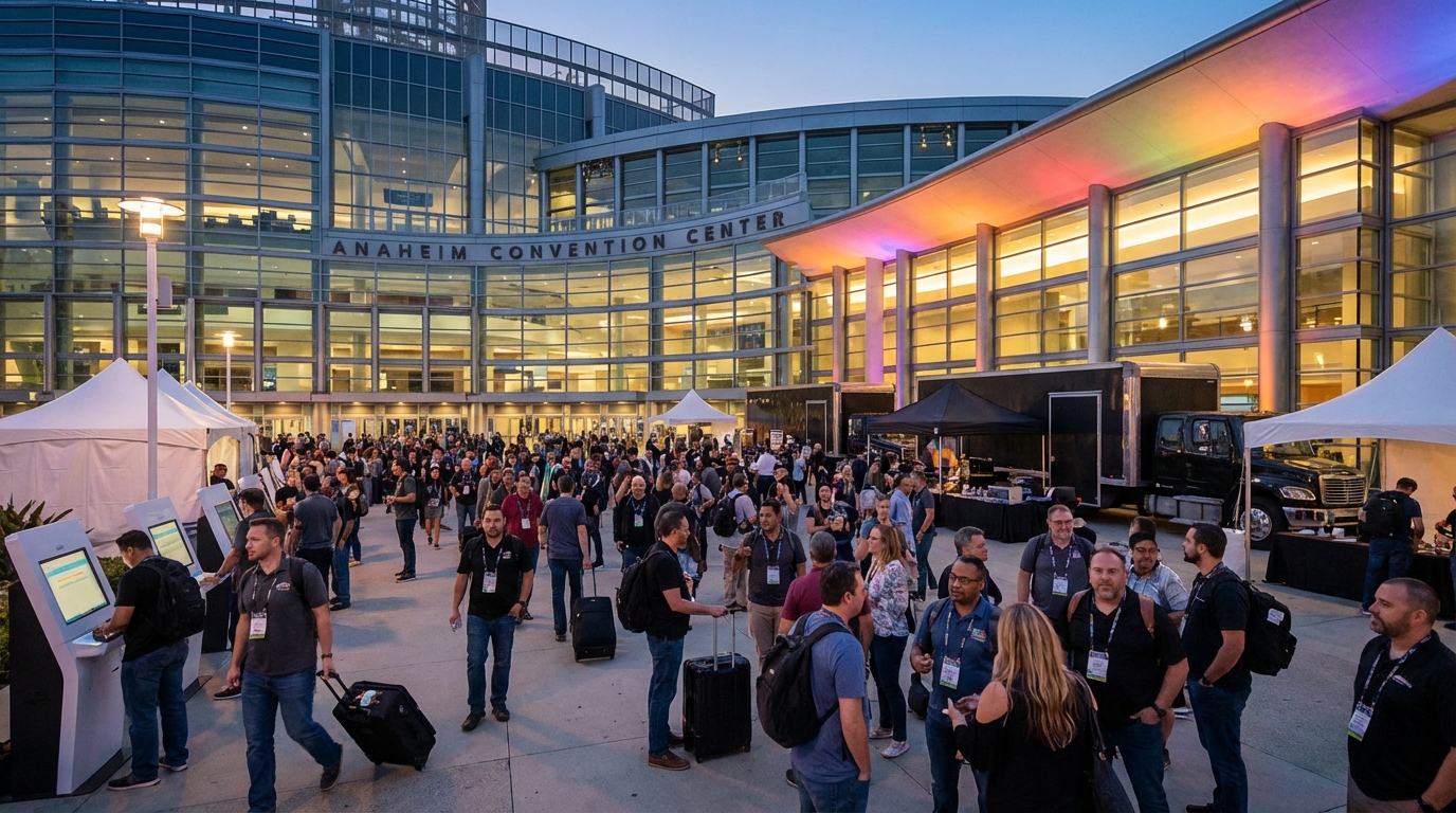 Exterior of the Anaheim Convention Center at dusk with crowds of attendees and event activity during a music trade show