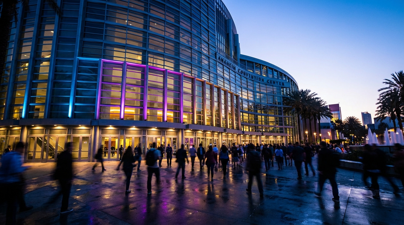 Anaheim Convention Center exterior lit with colorful lights and crowd silhouettes
