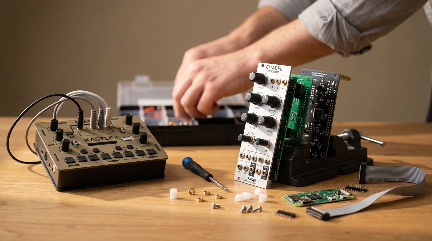 Bastl Kastle 2 and Citadel DIY kits on workbench