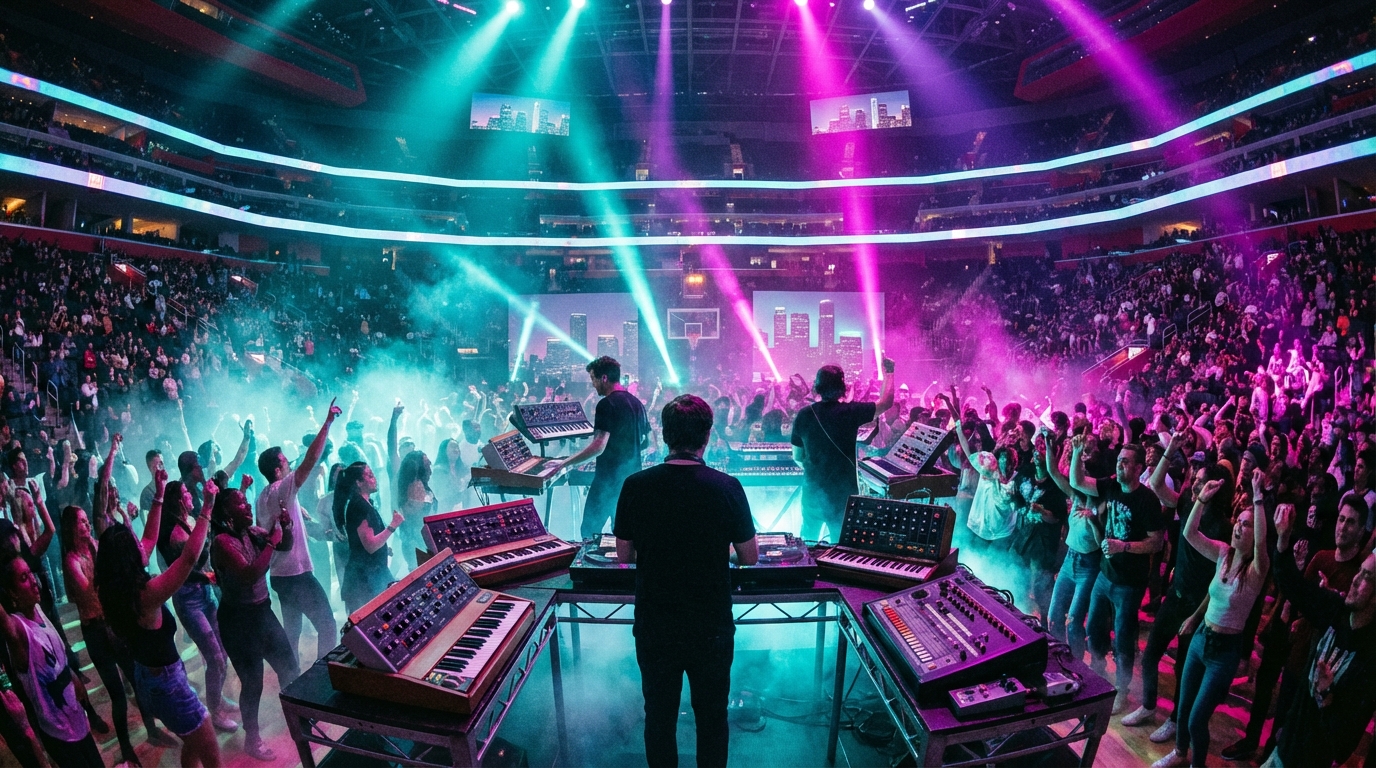 Vibrant live performance inside a packed Detroit arena with analog synthesizers, neon teal and magenta lighting, low fog, and an energetic crowd