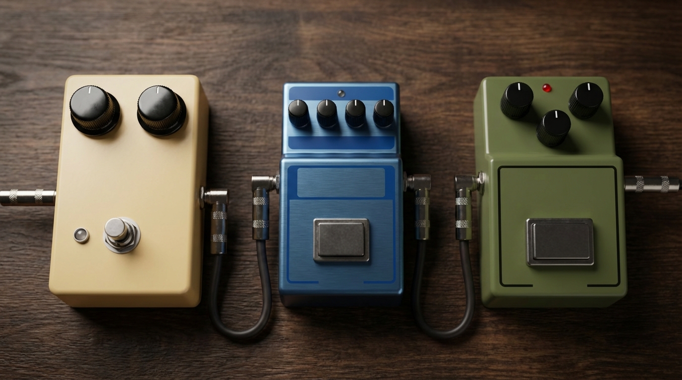 BOSS pedals lineup: delay chorus overdrive on wood