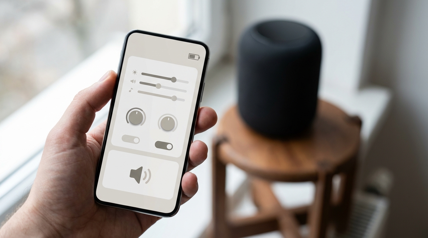 Smartphone showing an audio control interface connected to a loudspeaker