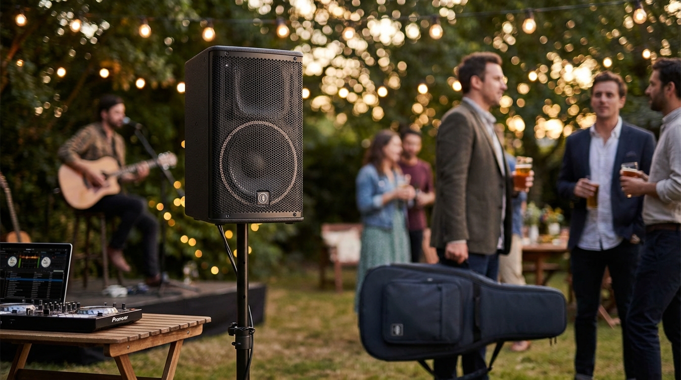 Compact loudspeaker at an outdoor DJ setup
