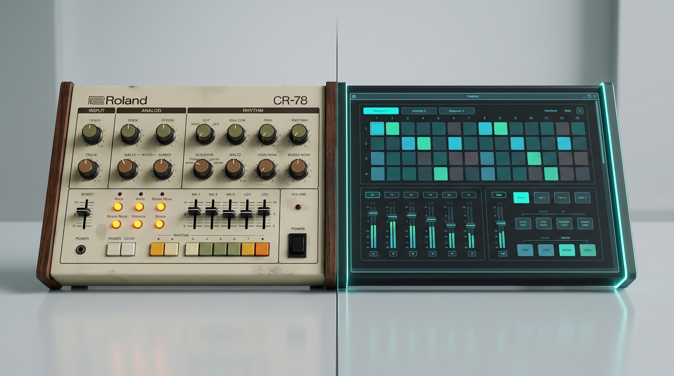 Vintage CR-78 alongside CR-78 Software Rhythm Composer interface