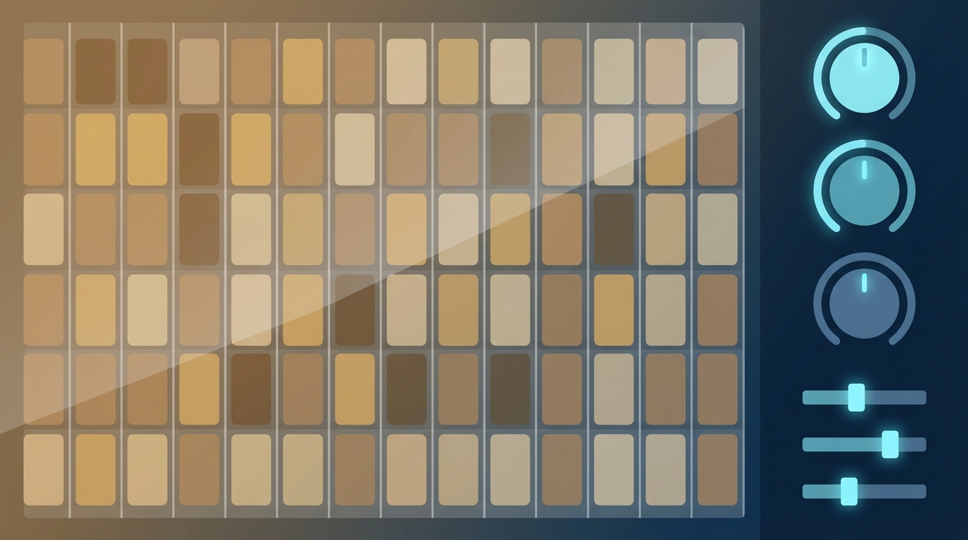 CR-78 pattern page UI inspired by TR-1000 layout, warm sepia grid with cyan controls