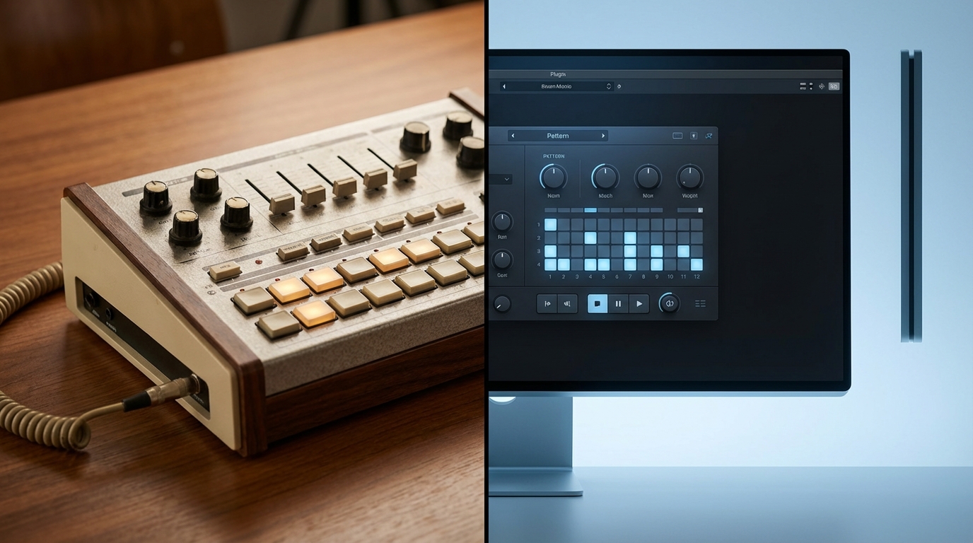 Side-by-side image of vintage CR-78 hardware and modern plugin UI