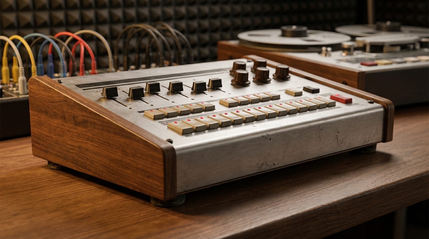 Original CR-78 CompuRhythm drum machine on studio desk