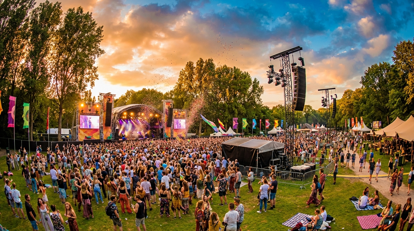 Wide-angle view of Amsterdamse Bos festival grounds with crowd and stages at golden hour