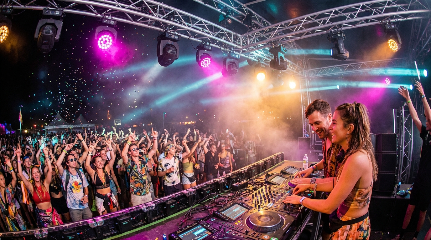 Two DJs performing back-to-back with an engaged, dancing crowd under colorful stage lighting