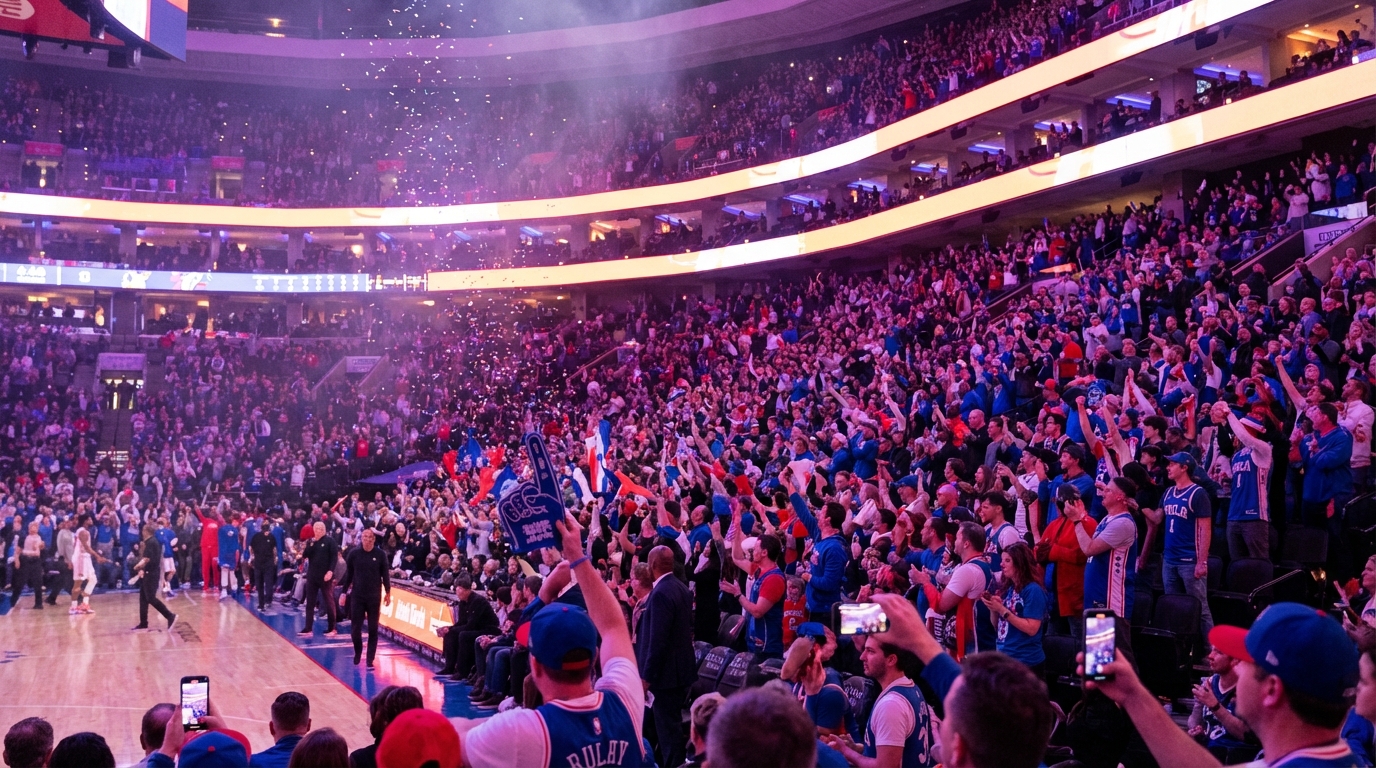 Detroit Pistons fans cheering in a packed arena with vibrant stadium lighting and confetti