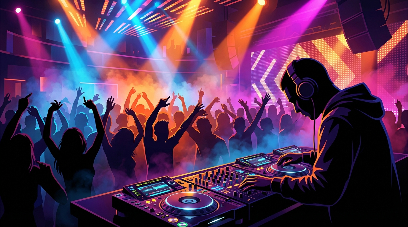 DJ mixing live with energetic crowd under club lights