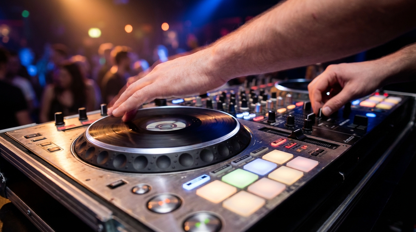 DJ performing with a large motorized platter controller showing hands on 10-inch platters and performance controls