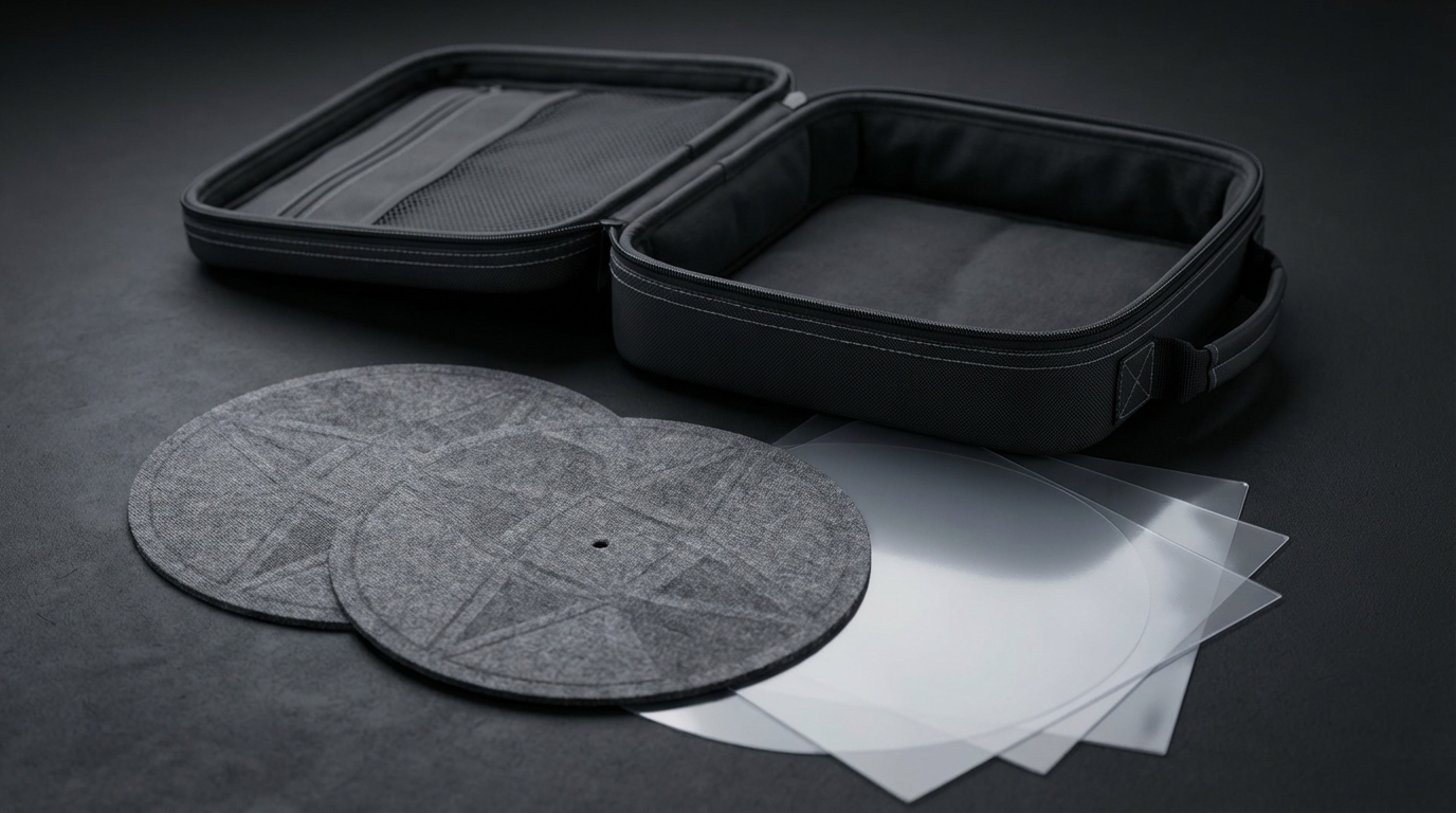 Dr. SUZUKI slipmats, slipsheets and a UDG bag arranged on a dark studio surface