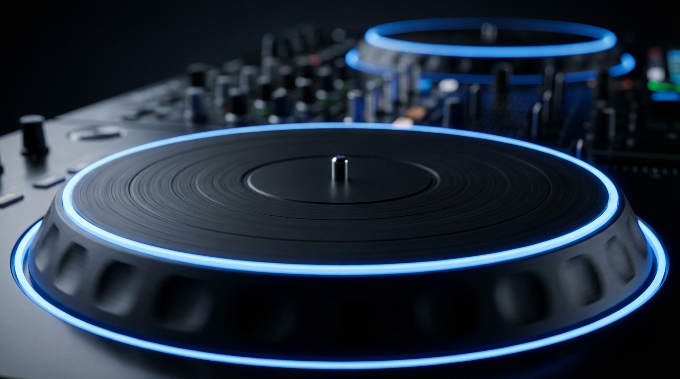 DJControl T10 close-up of 10-inch motorised jogwheels with blue LED rings