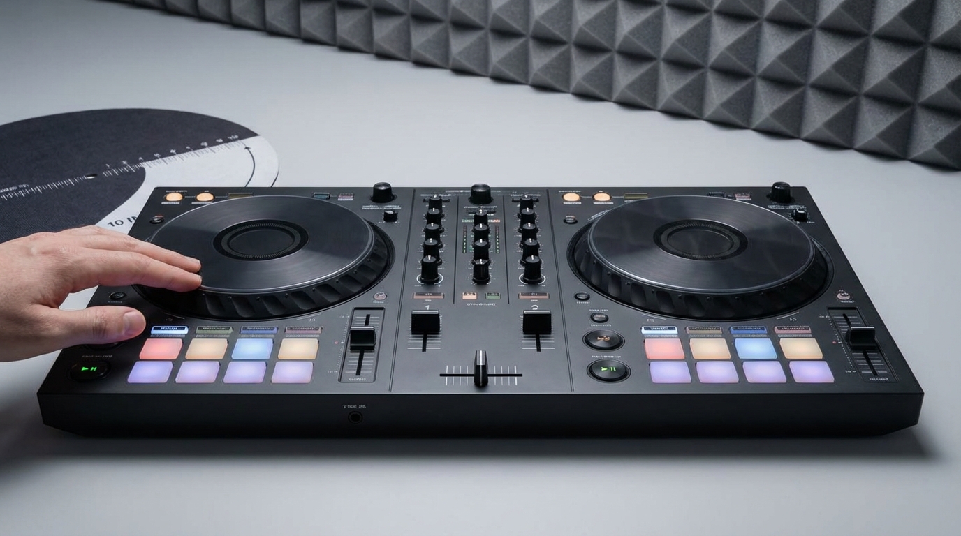 Overhead view of the DJ controller showing two large motorized 10-inch platters, eight pads per channel, three-band EQ knobs, channel faders and crossfader