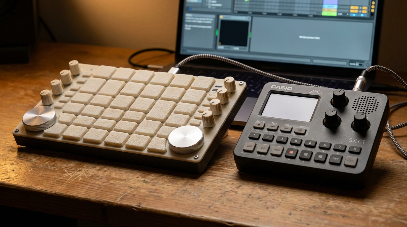 Close-up of Dog Paw and Casio SX-C1 on a studio desk