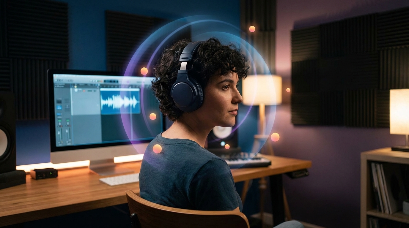 Person wearing headphones surrounded by translucent sound arcs indicating 3D spatial immersion