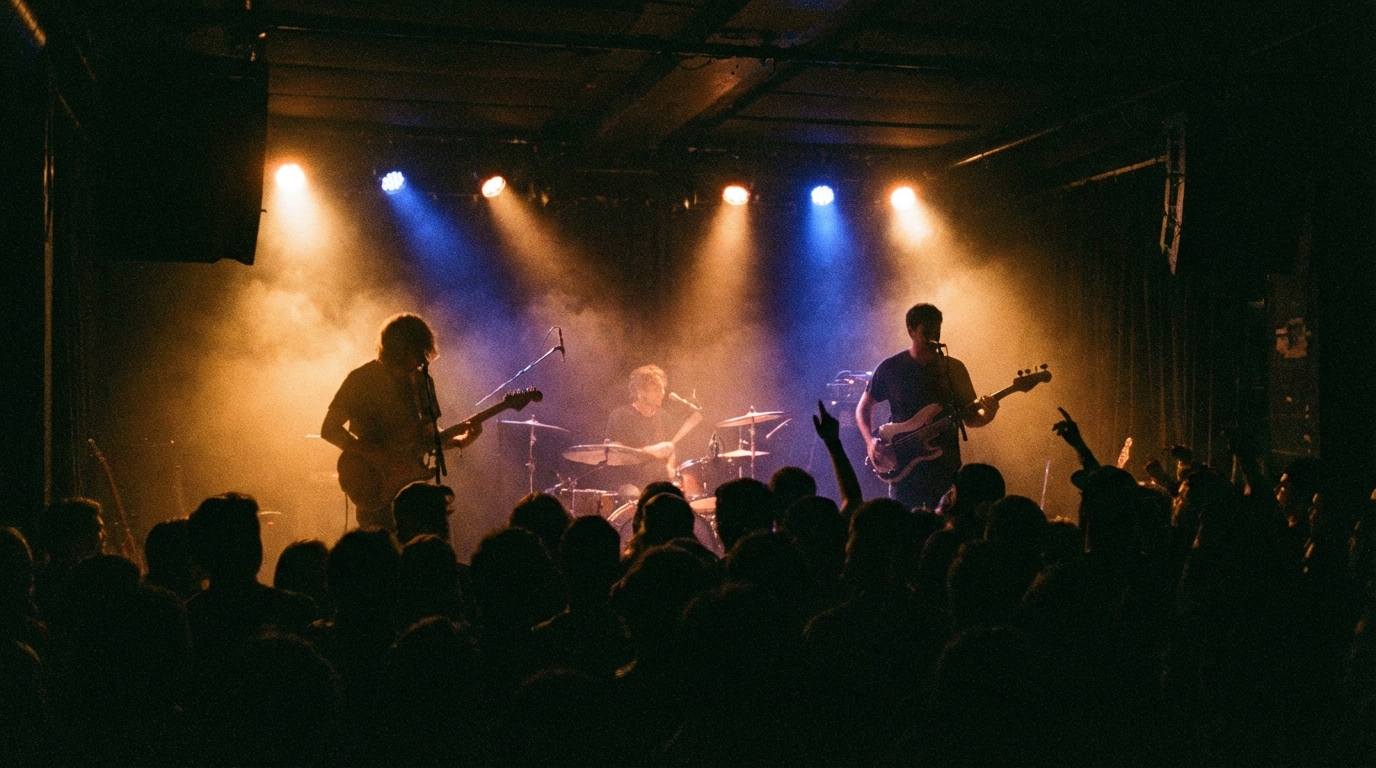 Silhouetted live band and audience