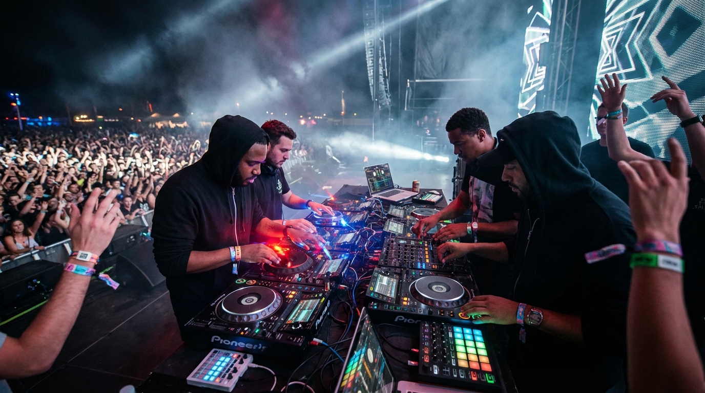 DJs performing live at an electronic festival, turntables, mixers, energetic crowd
