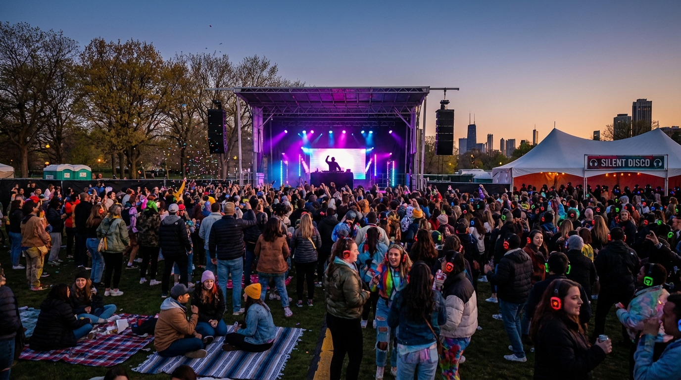 Vibrant music festival crowd at Chicago's Union Park at dusk, DJ stage, colorful lights, and Silent Disco tent