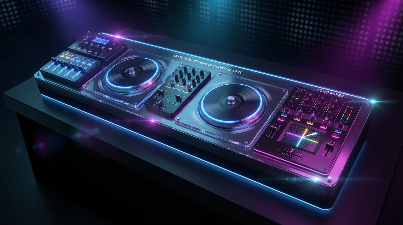 Futuristic DJ booth showcasing motorised standalone controllers and club mixers