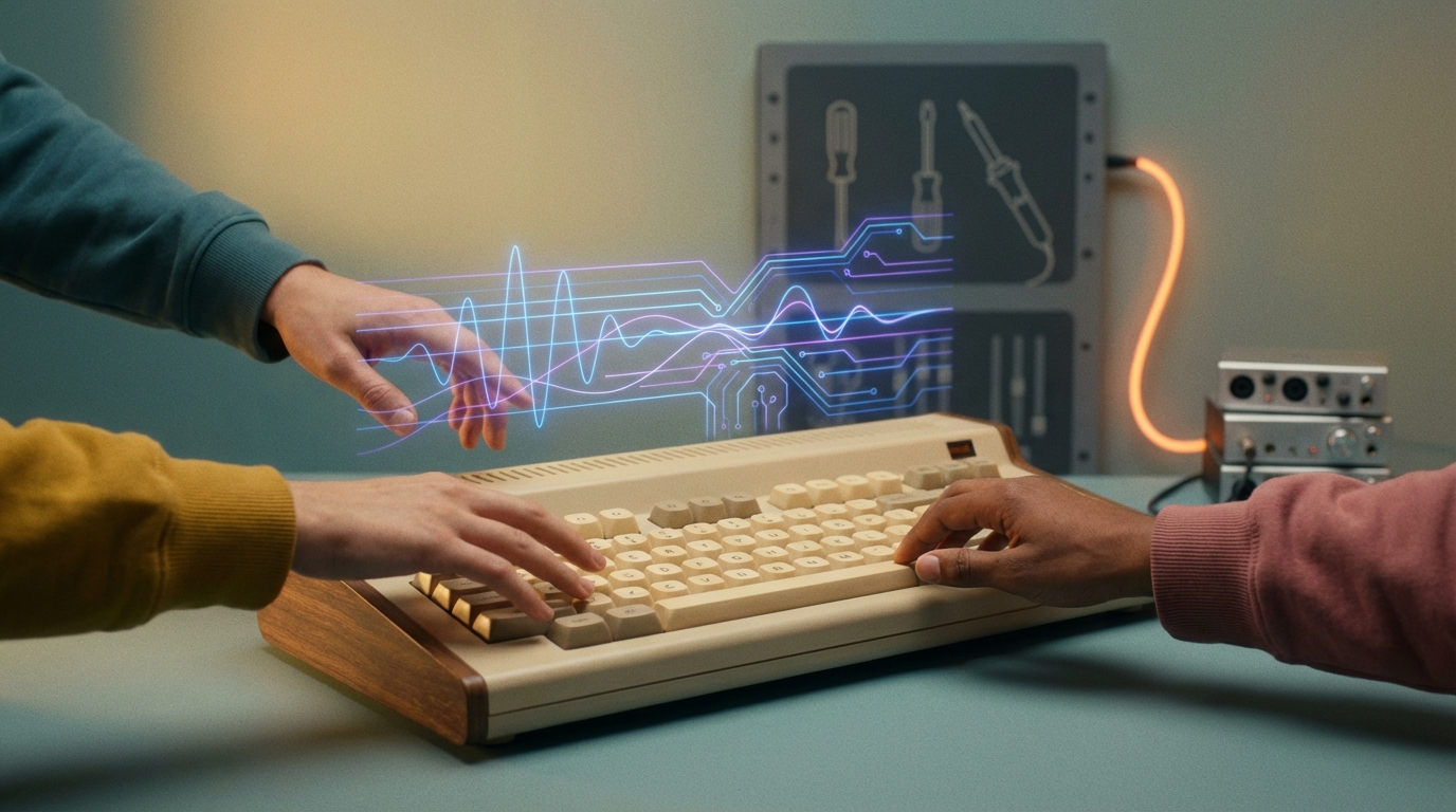 Hands collaborating over a vintage-style keyboard with waveform and circuitry motifs, symbolizing musical innovation and teamwork