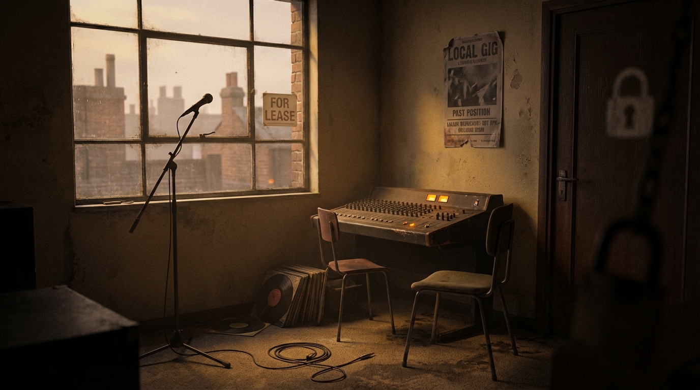 Empty Greater Manchester recording studio at dusk with unplugged microphone and mixing desk, evoking shortage of affordable workspaces
