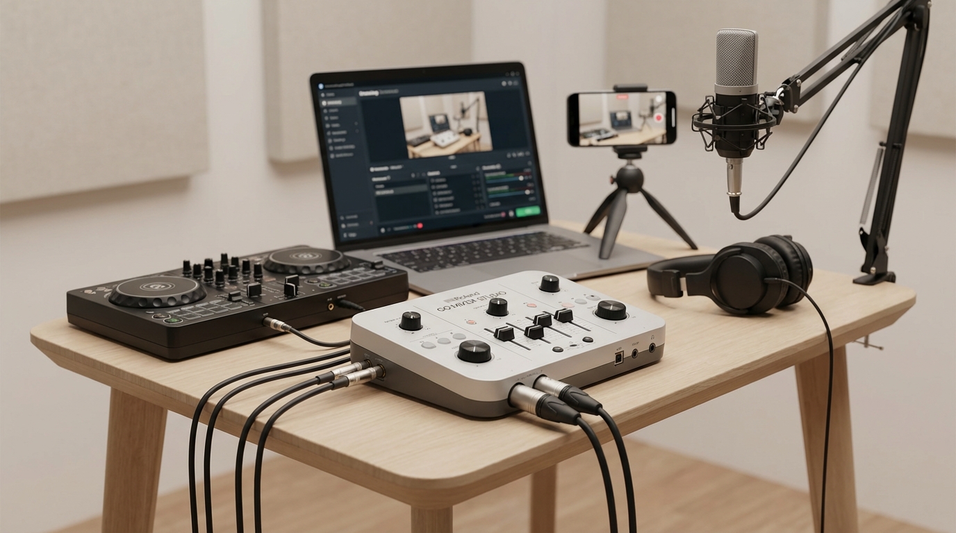 GO:MIXER STUDIO in a portable recording setup showing a DJ controller, laptop, smartphone on a tripod for video capture, condenser microphone on a boom arm, headphones and visible connectors and cables that illustrate a multitrack mobile rig
