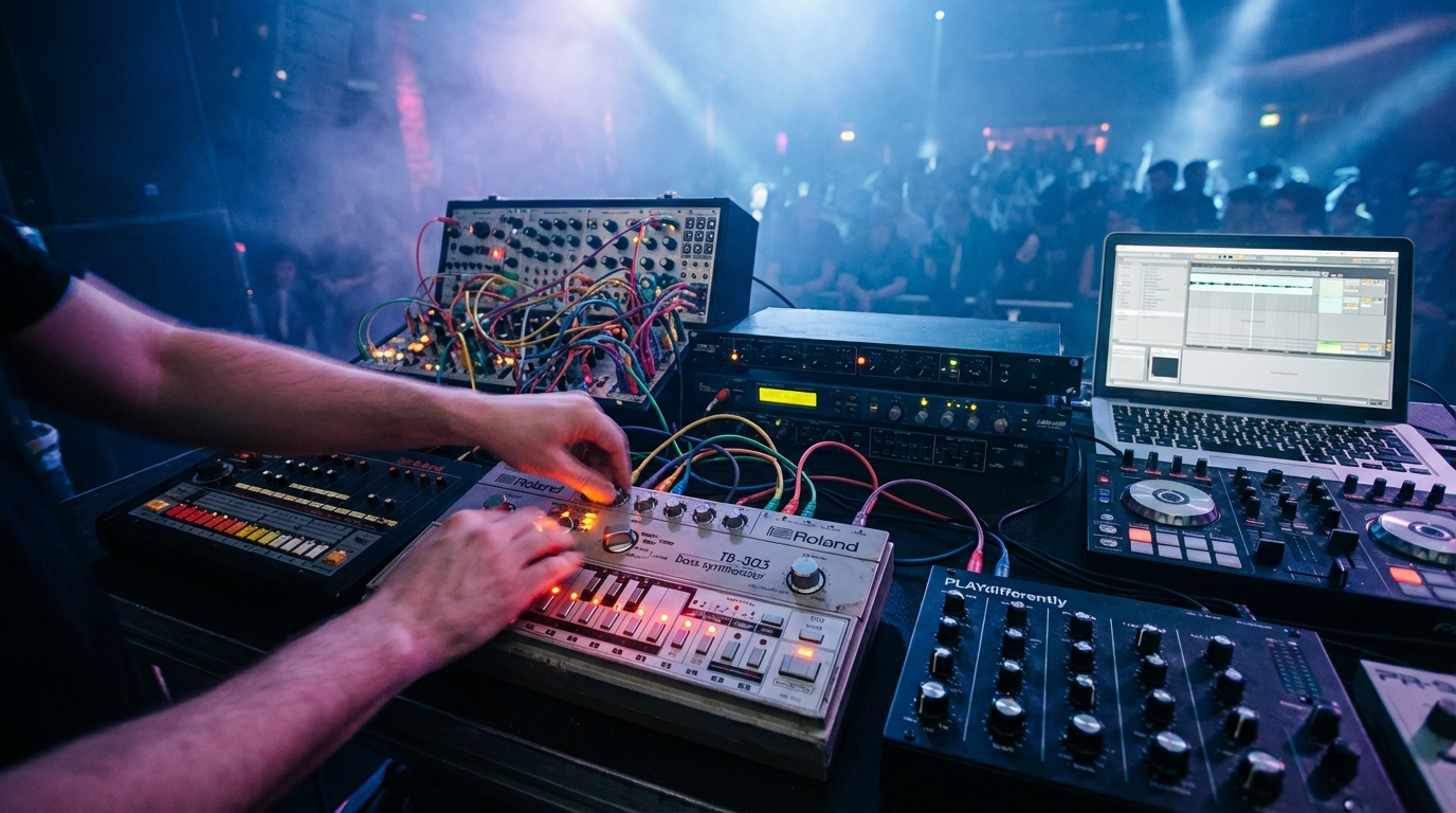 Live rig showing TB-303, TR-808, TR-909, modular synth and laptop in moody club lighting