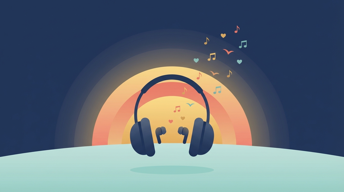 Headphones over sunrise with musical notes and hearts