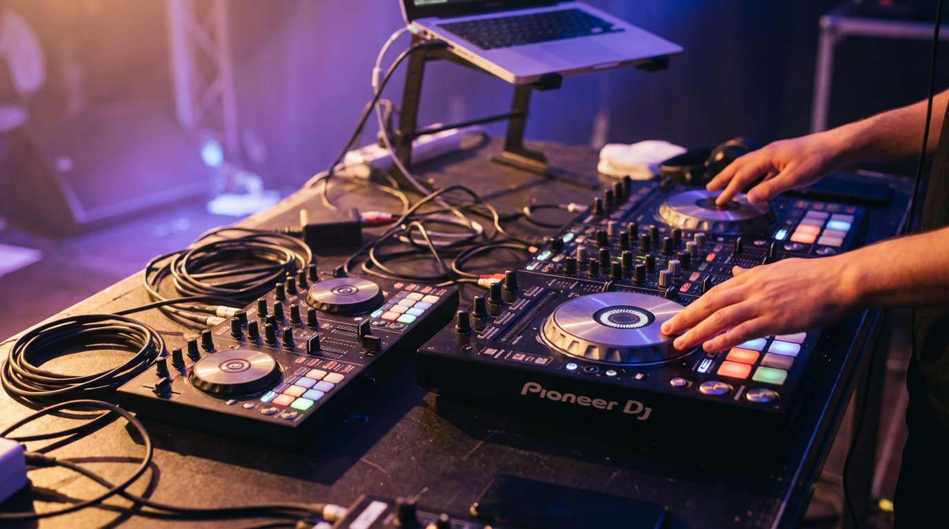 Hercules DJ controllers on a DJ booth