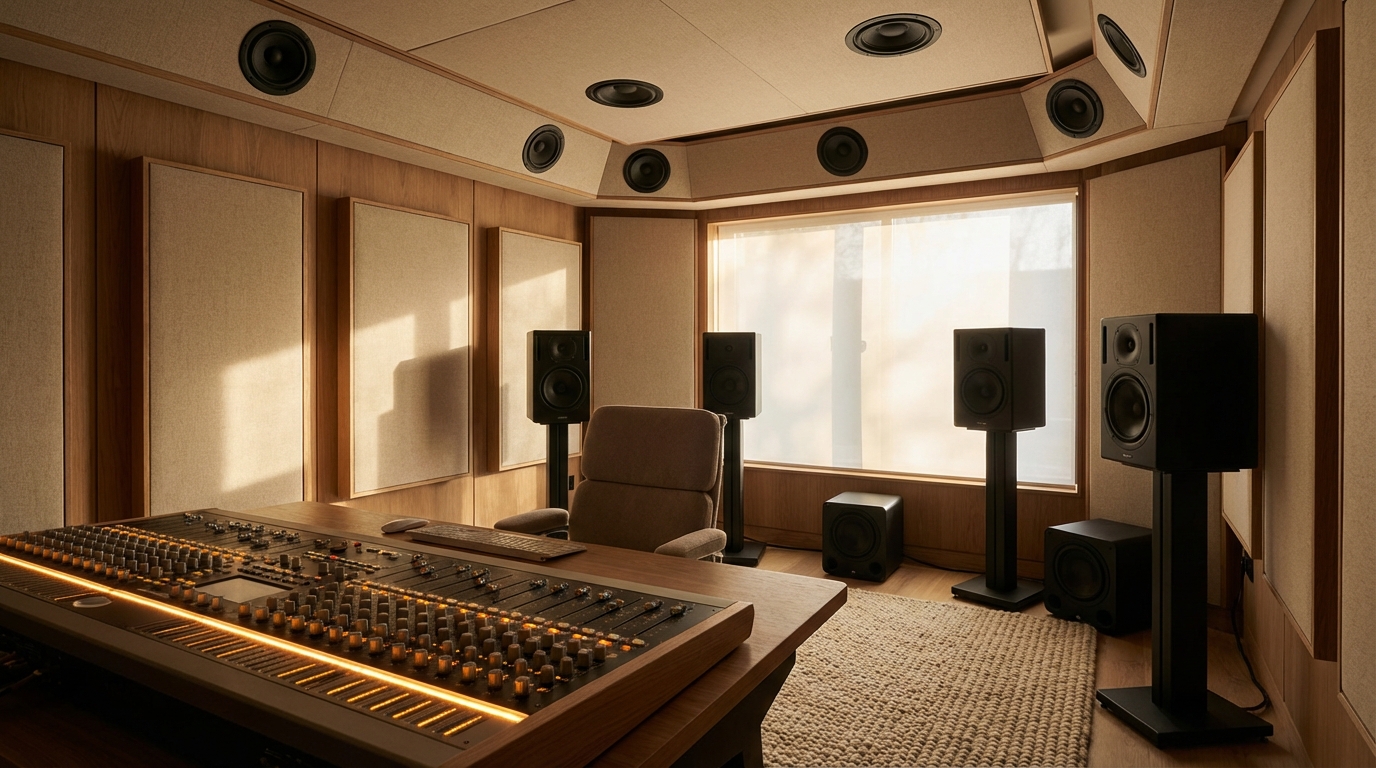 Modern immersive studio interior showing a mixing console, multiple studio monitors and subtle acoustic treatment in warm, professional lighting