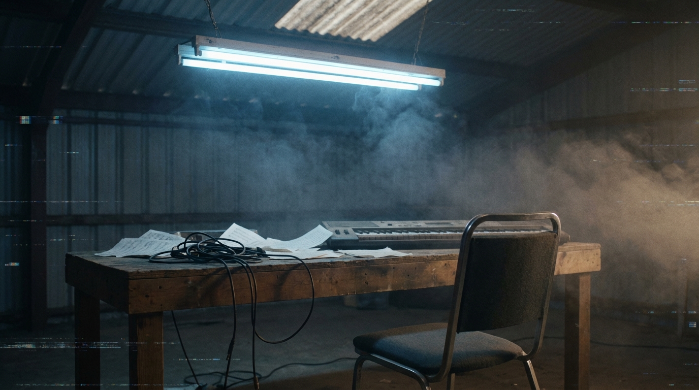Dim workroom with piano keyboard, tangled cables, drifting smoke and subtle digital glitch artifacts suggesting tension and overload