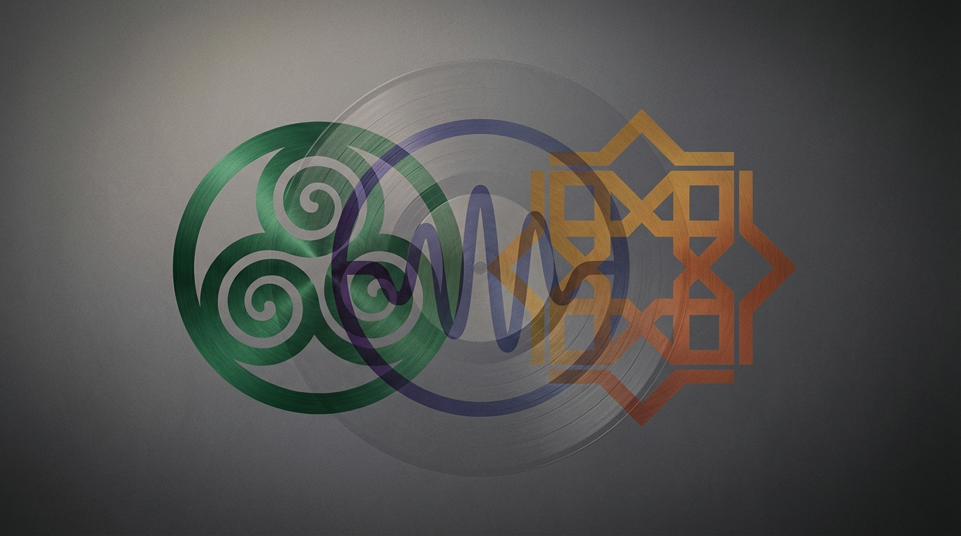 Abstract composition of overlapping Gaelic spiral, Arabic-inspired tile pattern, and spoken-word waveform over a faint vinyl disc, symbolizing diverse artist collaboration