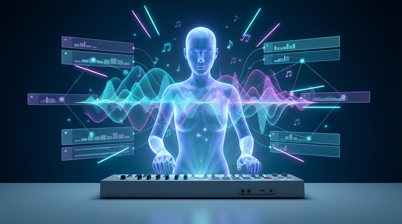 Virtual AI co-producer hovering above a mixing console with layered waveform bands and musical notes