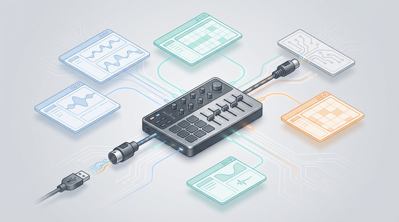 Isometric illustration of a MIDI controller connected to multiple abstract DAW windows with glowing data lines and a USB cable morphing into a 5-pin DIN connector, showing integration and routing.