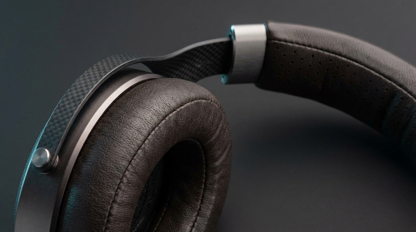 Studio close-up of Audeze LCD-5s leather earpads and ergonomic headband showing premium materials and stitching