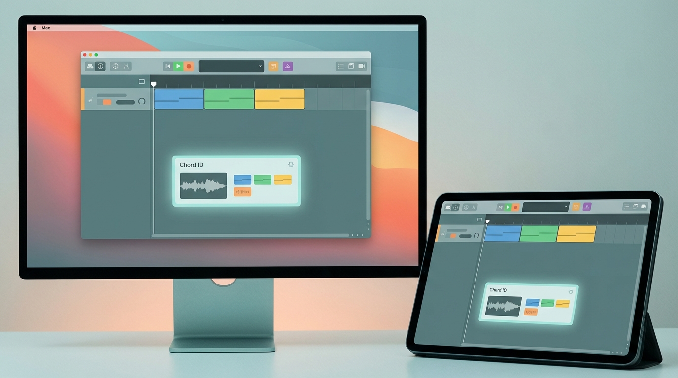 Logic Pro 12 iPad and Mac dual-view showing Chord ID