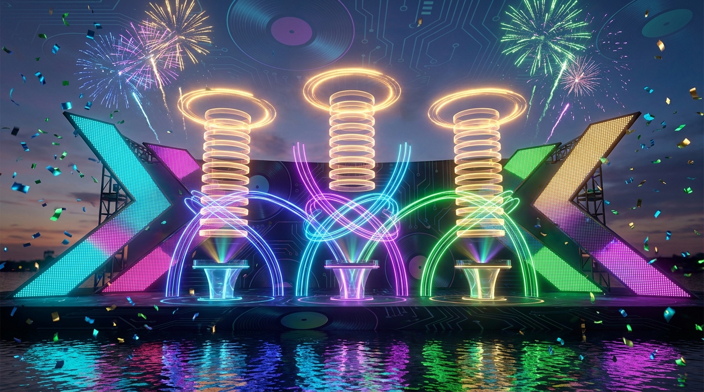Abstract celebration of headliners and collaborations at Movement Detroit 2026, neon stage arcs and reflected lights over water