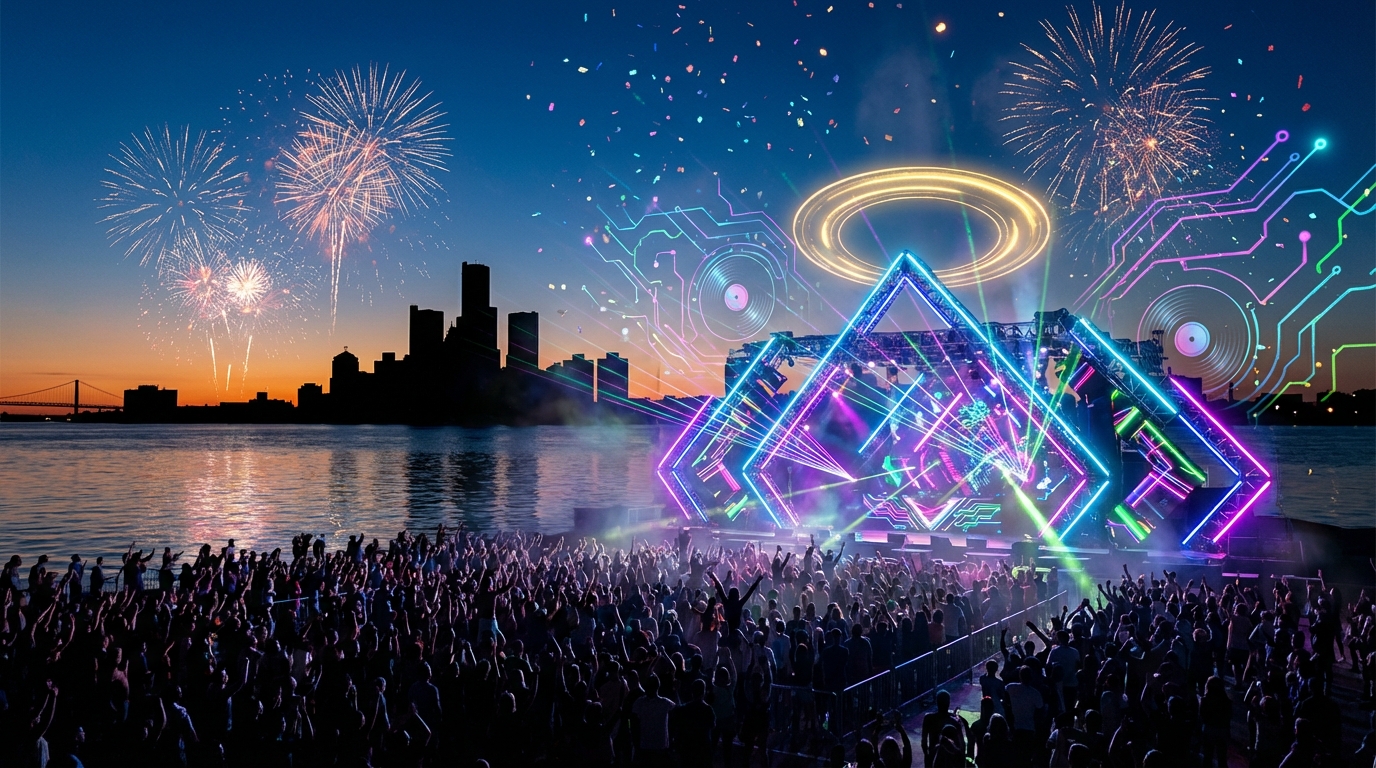 Crowd at Movement Detroit 2026 dusk, neon stage lights reflecting on riverfront