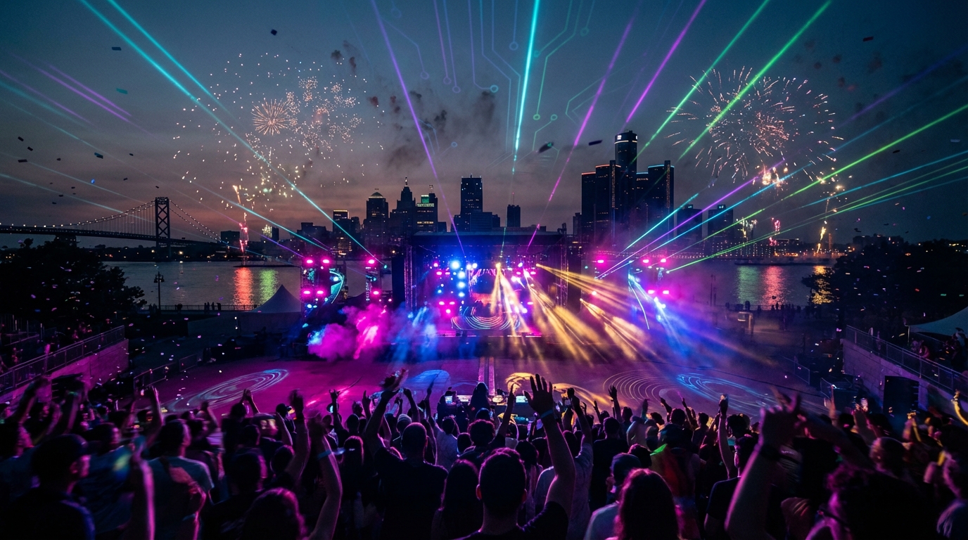Hart Plaza festival crowd at dusk, neon stage lights reflecting on water