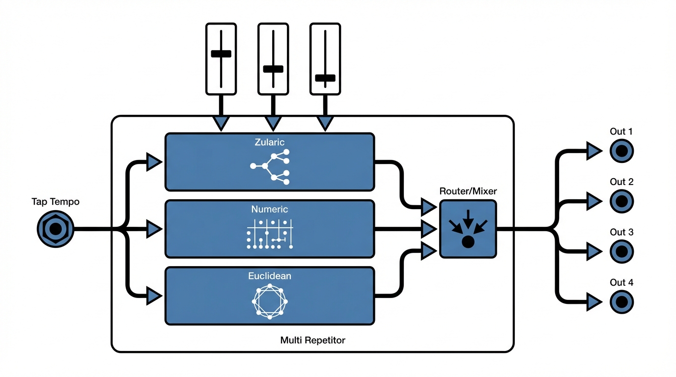 Diagram of Multi Repetitor signal flow with three banks, tap tempo input, performance faders, and four trigger outputs