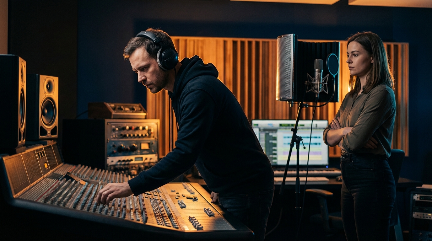 Two musicians in a recording studio, one at a mixing console and one by a microphone, showing collaboration and tension