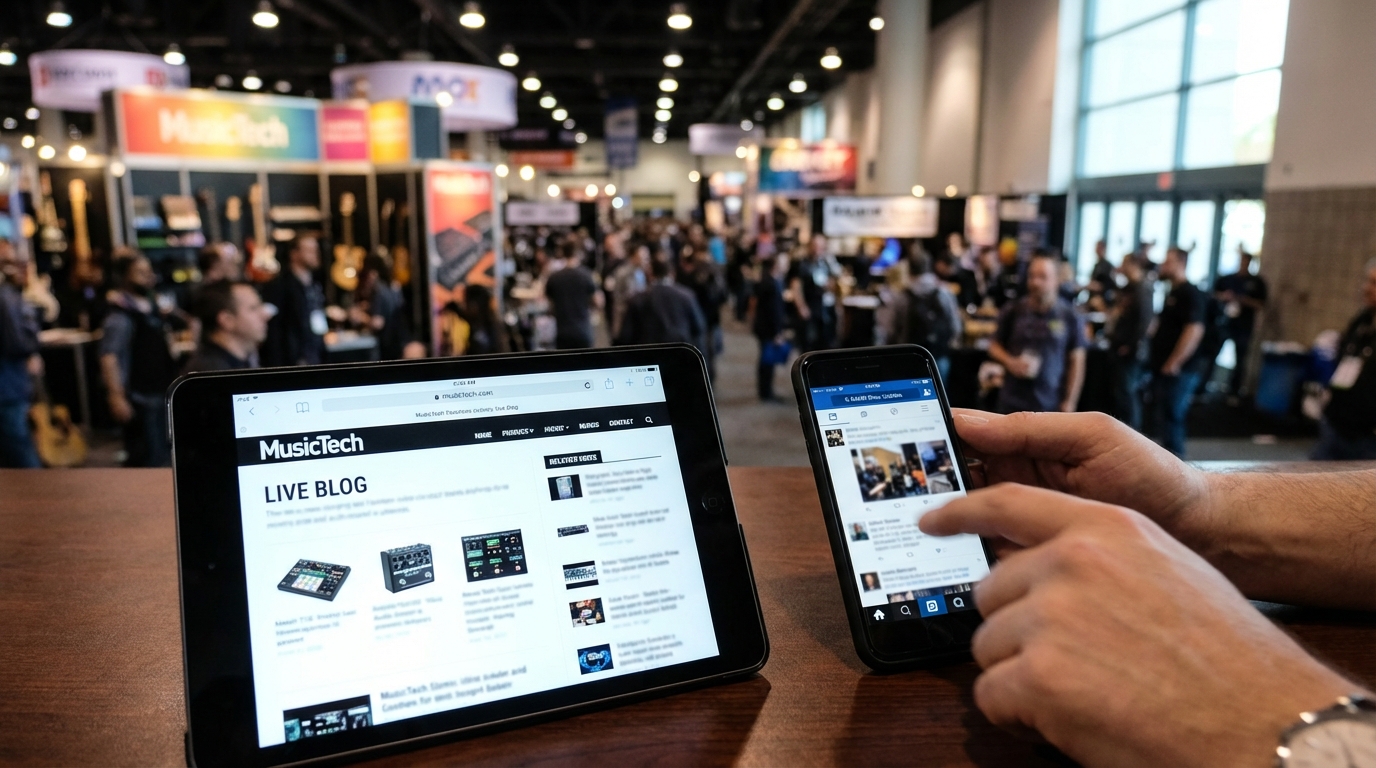 Tablet and smartphone showing MusicTech live blog and social feed during NAMM 2026.