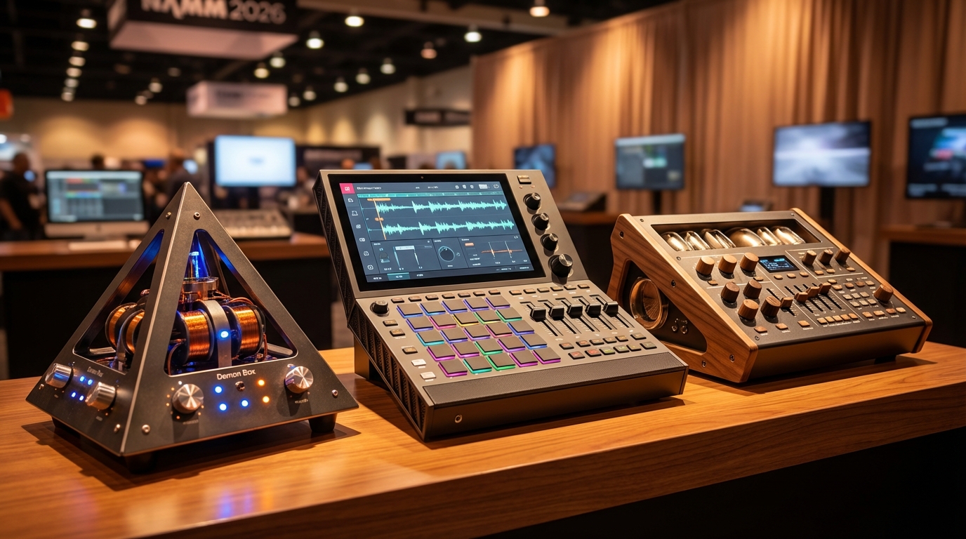 Demon Box, MPC XL and Phase8 on an exhibition table at NAMM 2026