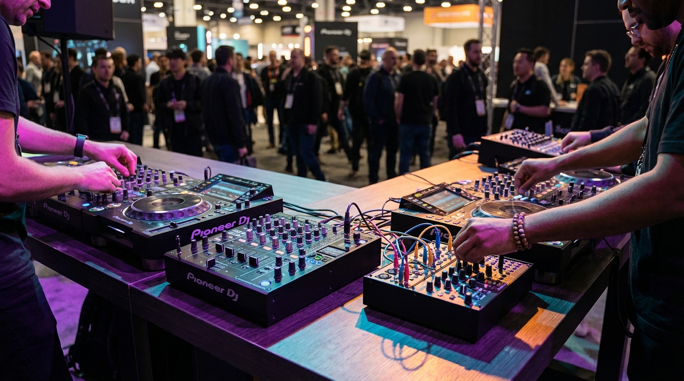 Modern DJ gear in action with controllers, mixer, and synthesizer module being used on a busy trade show floor