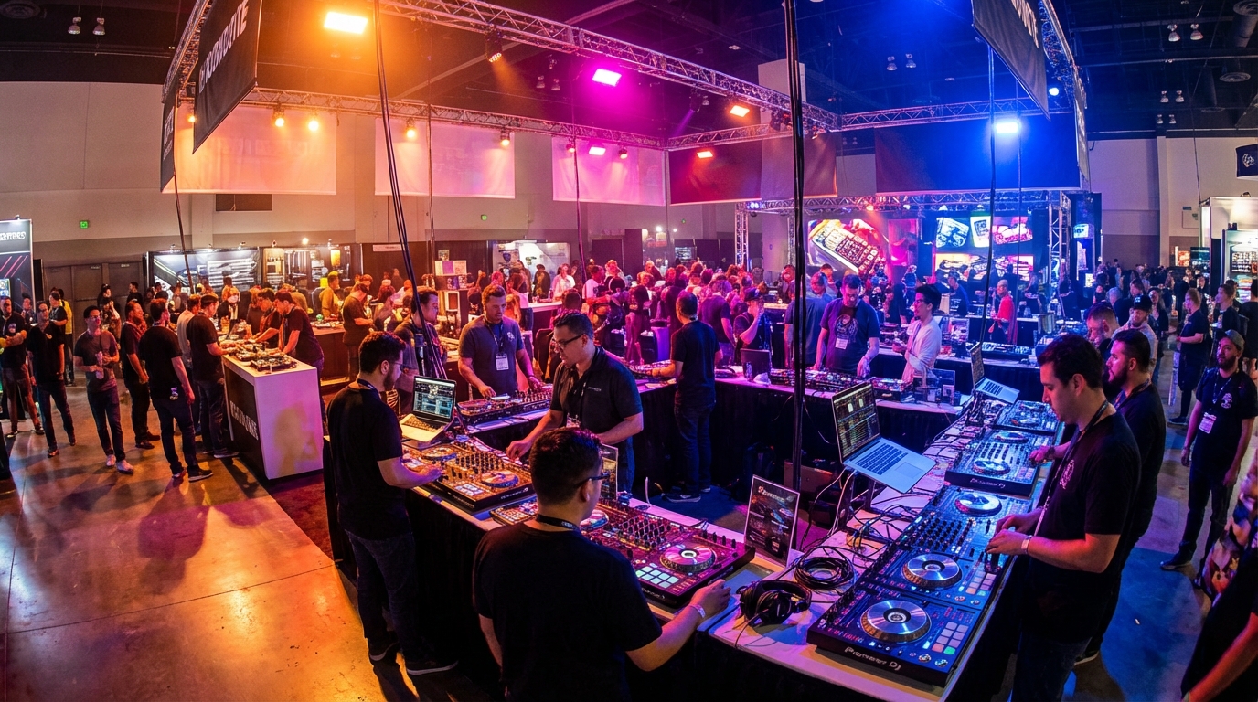 Wide-angle view of a bustling NAMM show floor in Anaheim focused on DJ gear booths, controllers, mixers, turntables, demo crowds, and colorful stage lighting.