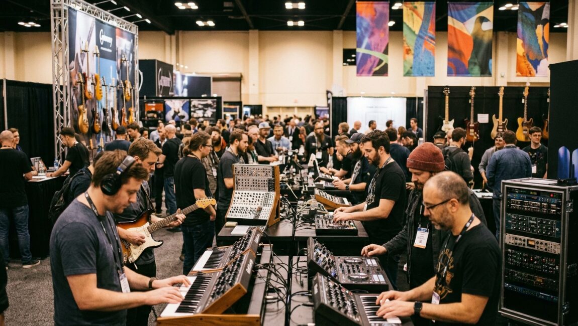 Trade show floor with crowded booths and active tech demos