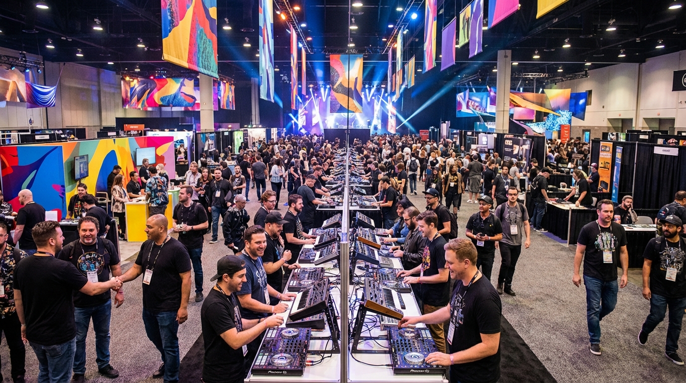 Busy NAMM Show floor with DJs, controllers, synth booths, and visitors